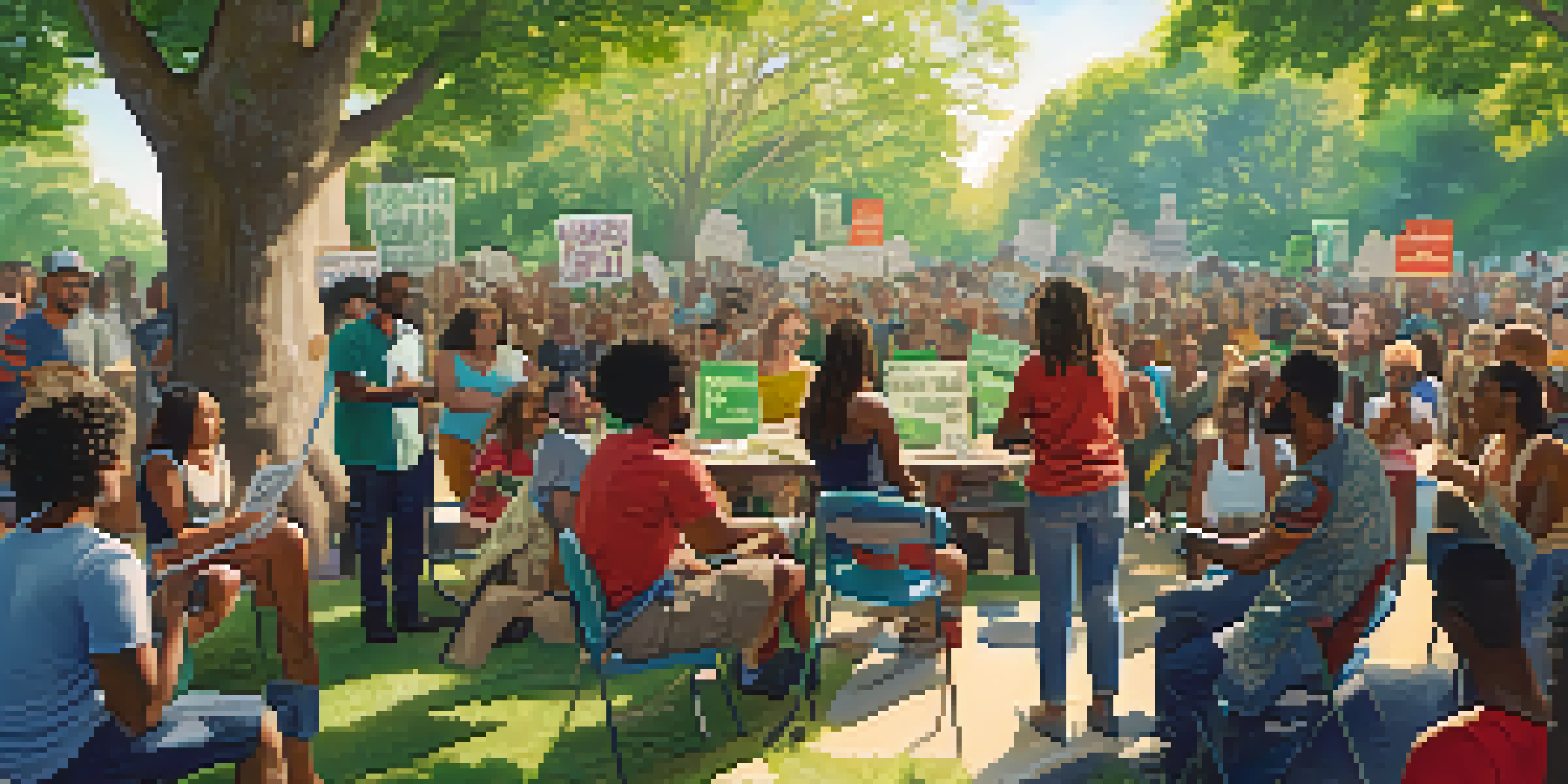 A diverse group of activists discussing marijuana legalization in a sunny park, with signs promoting social equity.