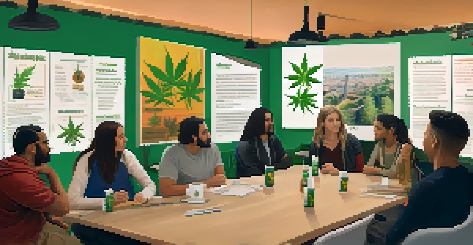 A group of diverse individuals in a warm workshop setting discussing cannabis education, with informative posters on the walls.