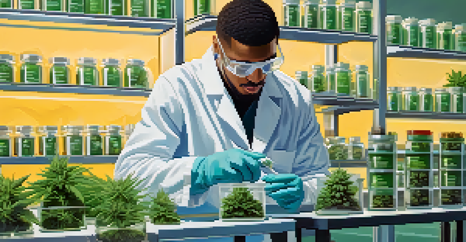 A lab technician inspecting cannabis products in a laboratory setting, with various strains displayed in glass containers.