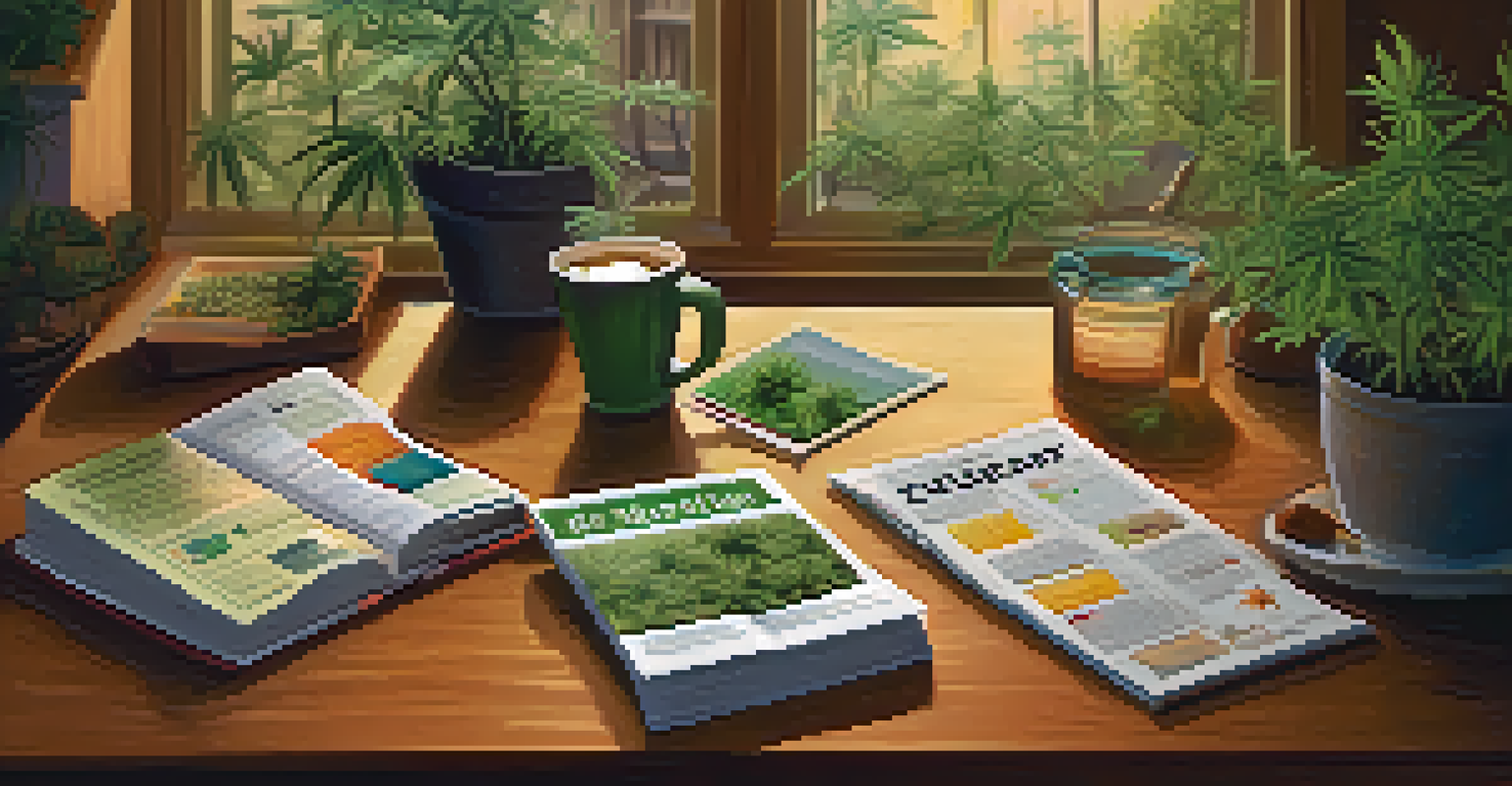 A close-up of a table with educational pamphlets about safe marijuana use, surrounded by plants and soft lighting.