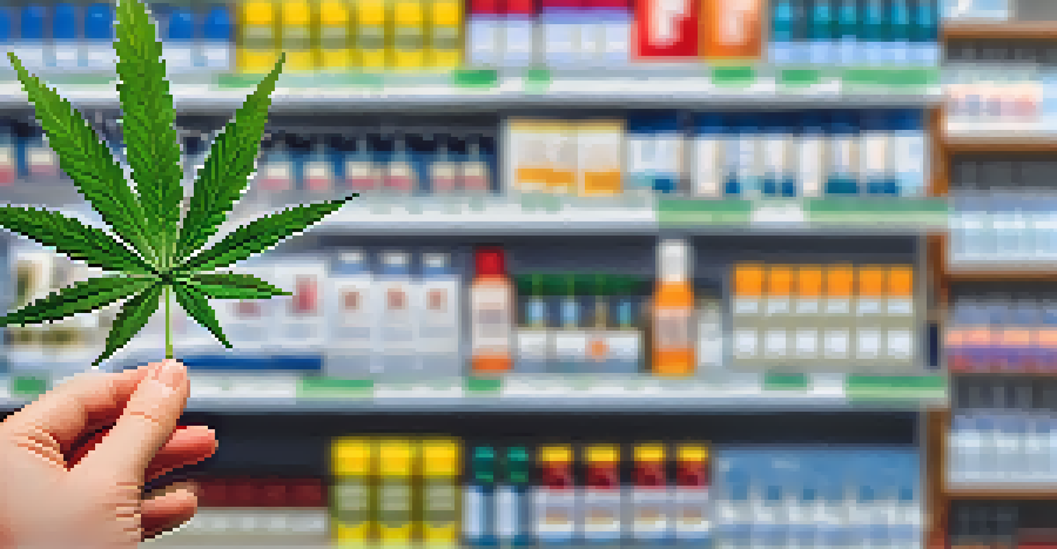 A close-up of a hand holding a cannabis leaf in front of a blurred pharmacy shelf.