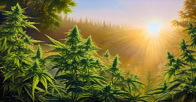A peaceful garden filled with cannabis plants bathed in the warm light of sunrise, with soft mist in the background.