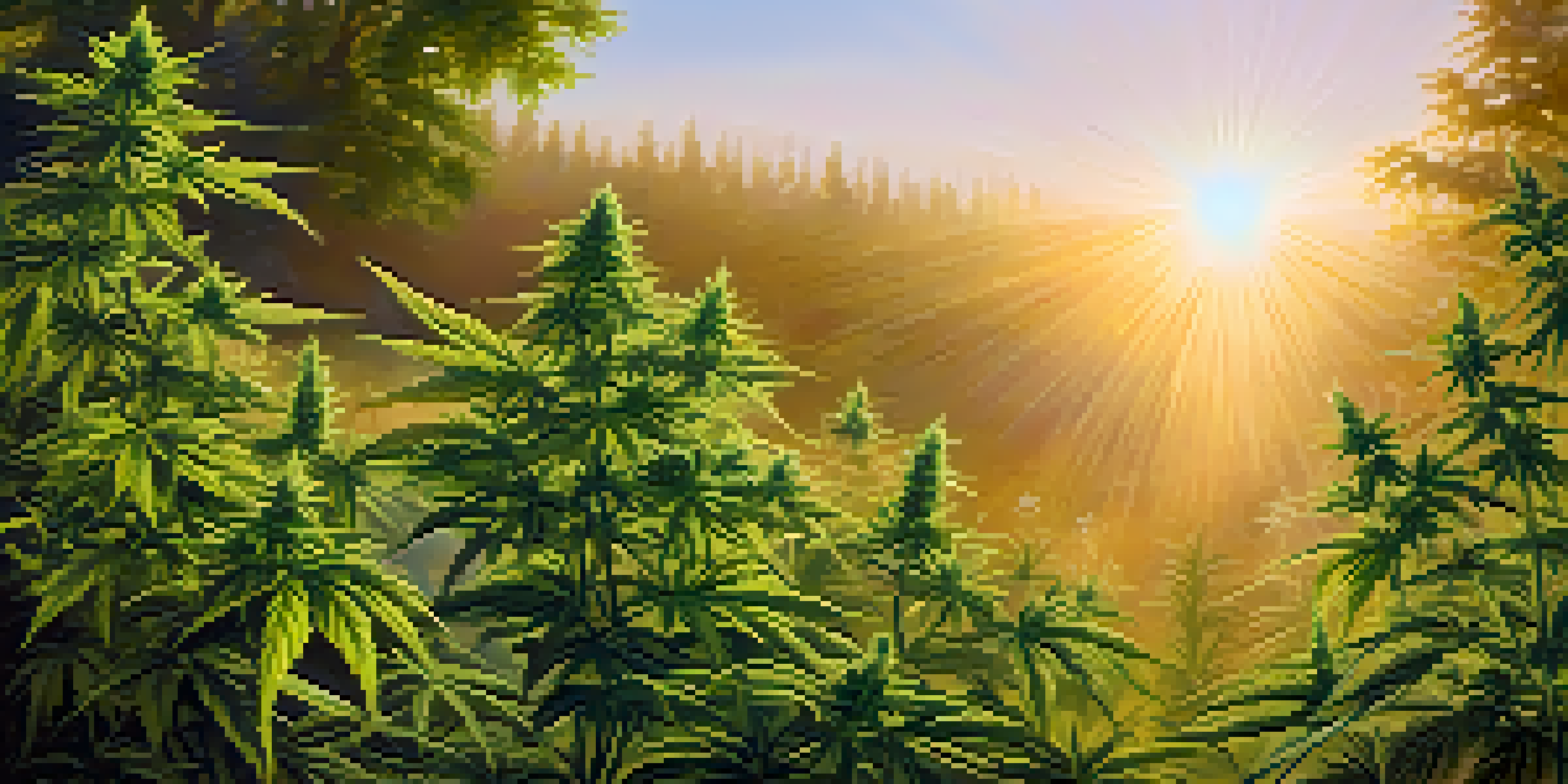 A peaceful garden filled with cannabis plants bathed in the warm light of sunrise, with soft mist in the background.