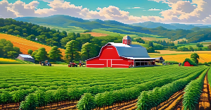 A scenic rural landscape with a cannabis farm, farmers discussing cultivation, and rolling hills in the background.