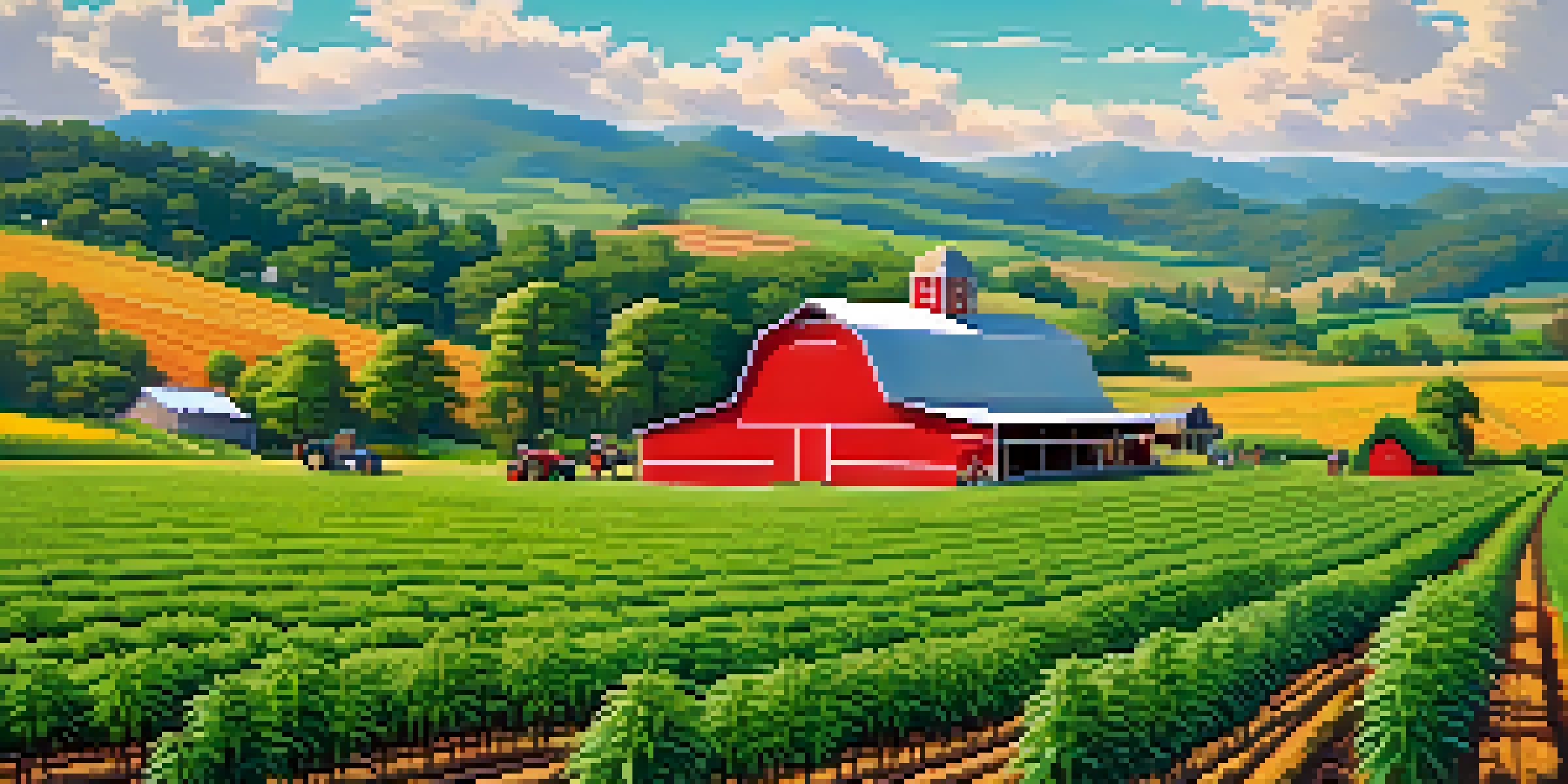 A scenic rural landscape with a cannabis farm, farmers discussing cultivation, and rolling hills in the background.