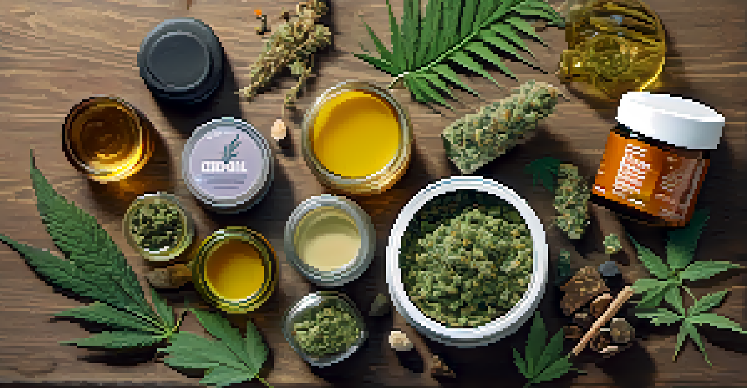 A flat lay arrangement of cannabis products on a wooden surface, featuring jars of CBD oil, pre-rolls, and colorful edibles, surrounded by natural elements.