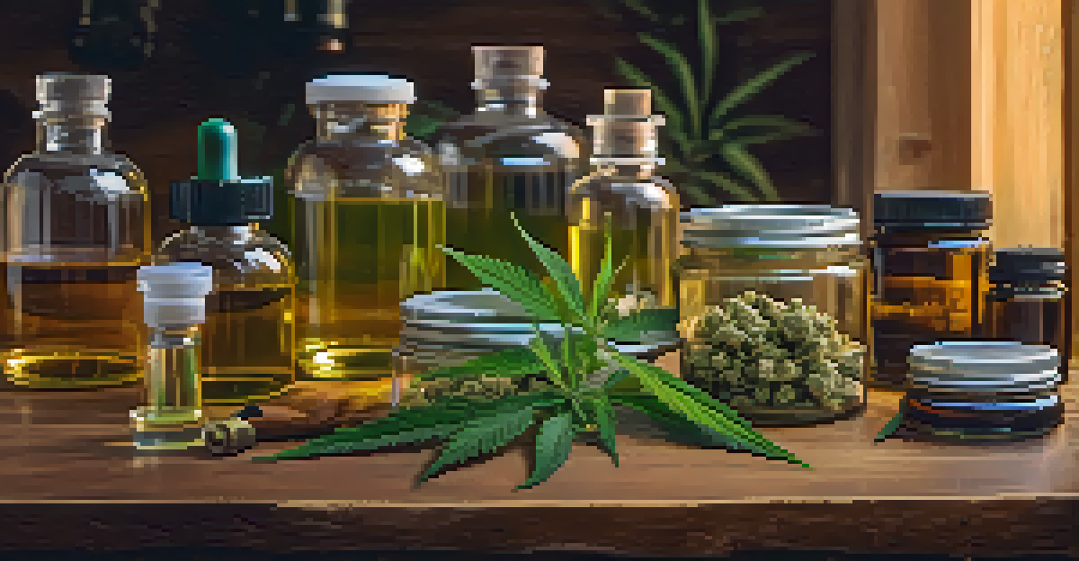 A close-up view of different medical marijuana products like flowers and tinctures on a wooden table.