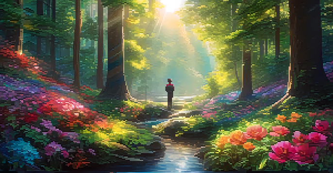 A person wearing a VR headset stands in a colorful virtual forest filled with large flowers and a flowing stream, experiencing the beauty of the immersive environment.