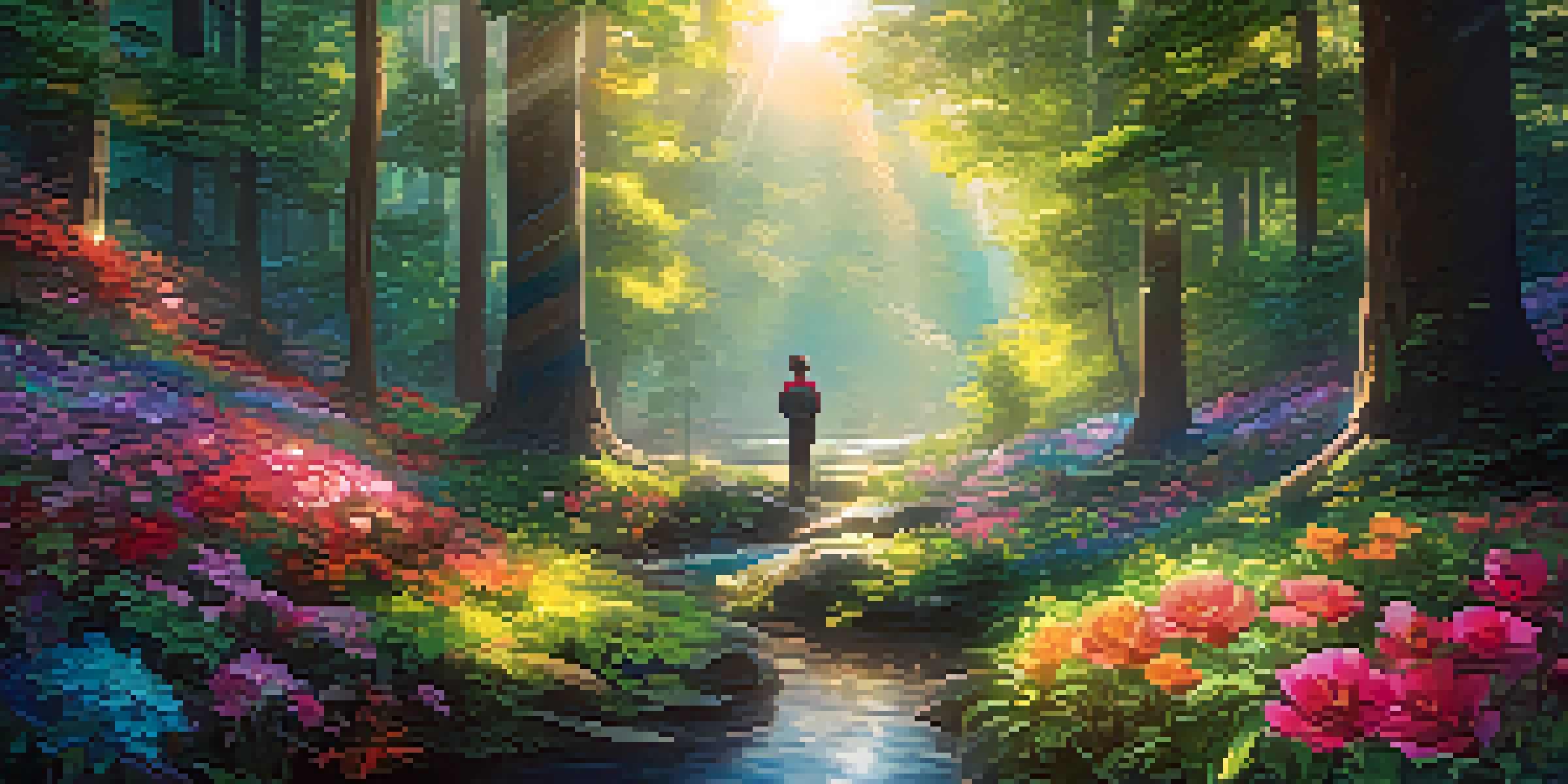 A person wearing a VR headset stands in a colorful virtual forest filled with large flowers and a flowing stream, experiencing the beauty of the immersive environment.