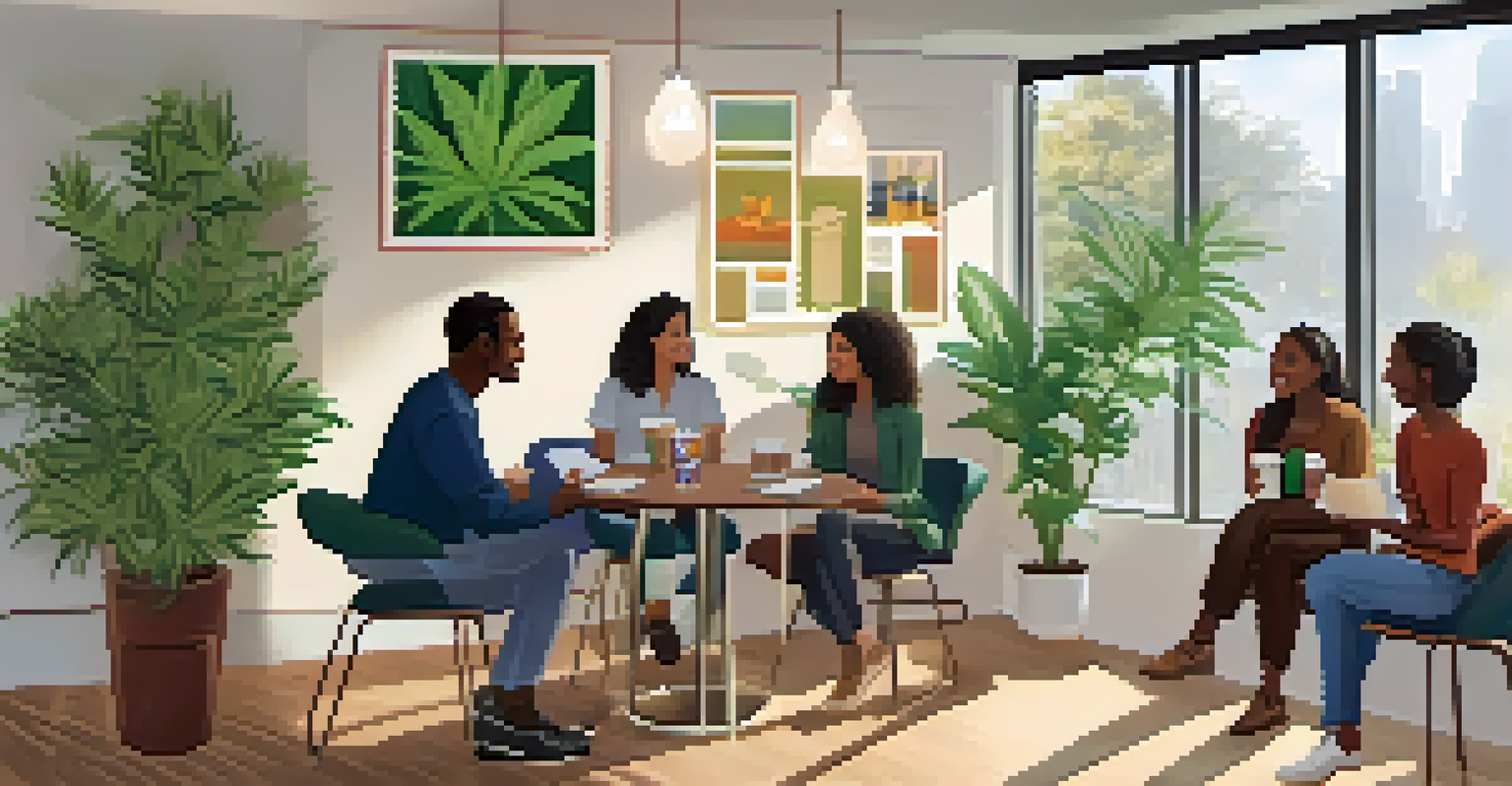 Employees in a break room discussing marijuana health benefits, surrounded by a warm and inviting atmosphere.