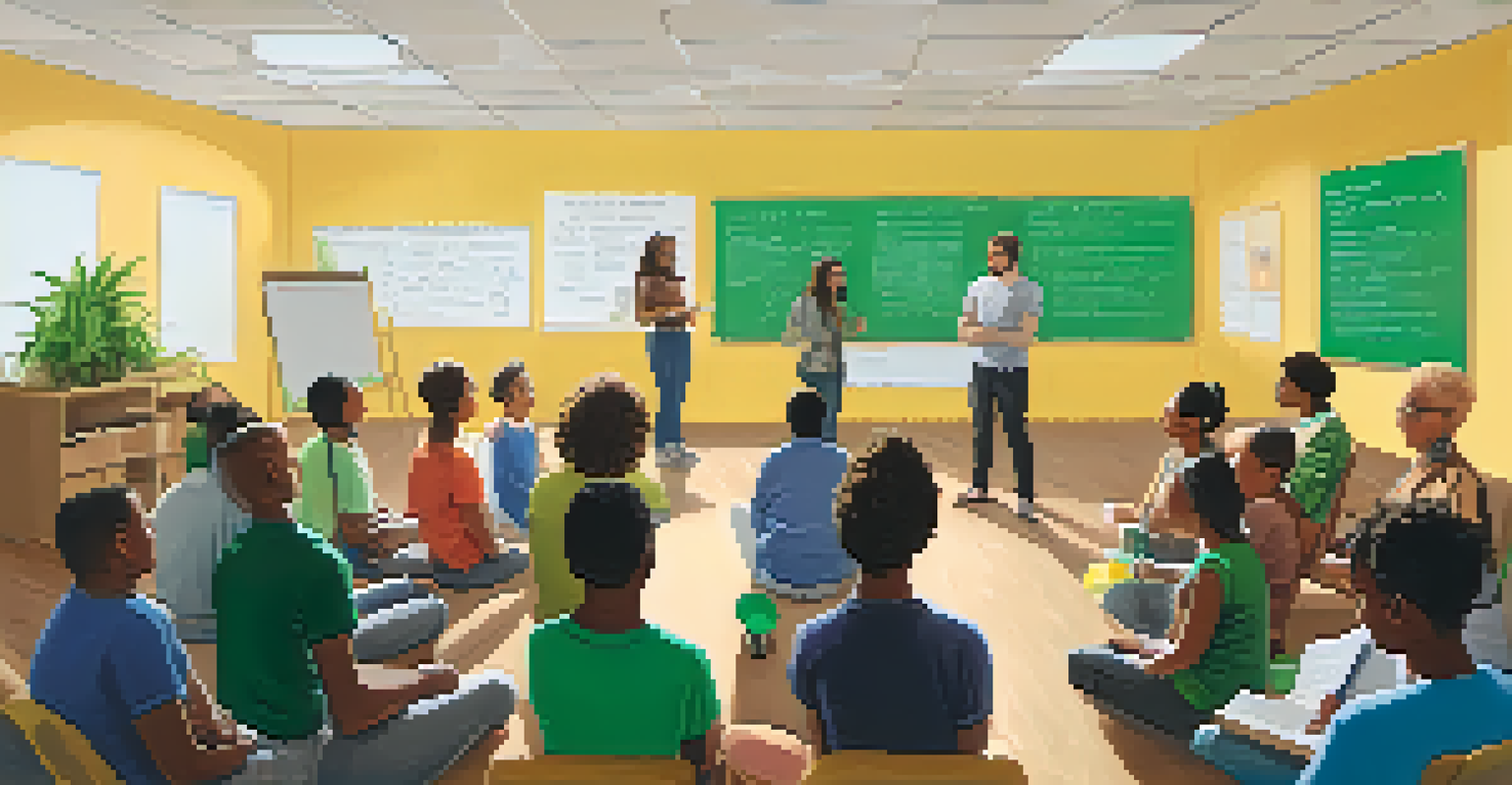 A group of parents attending a community workshop about marijuana laws, with a speaker and a whiteboard in a bright room.