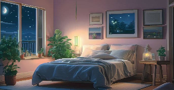 A peaceful bedroom at night with a person sleeping, soft lighting, and potted plants.