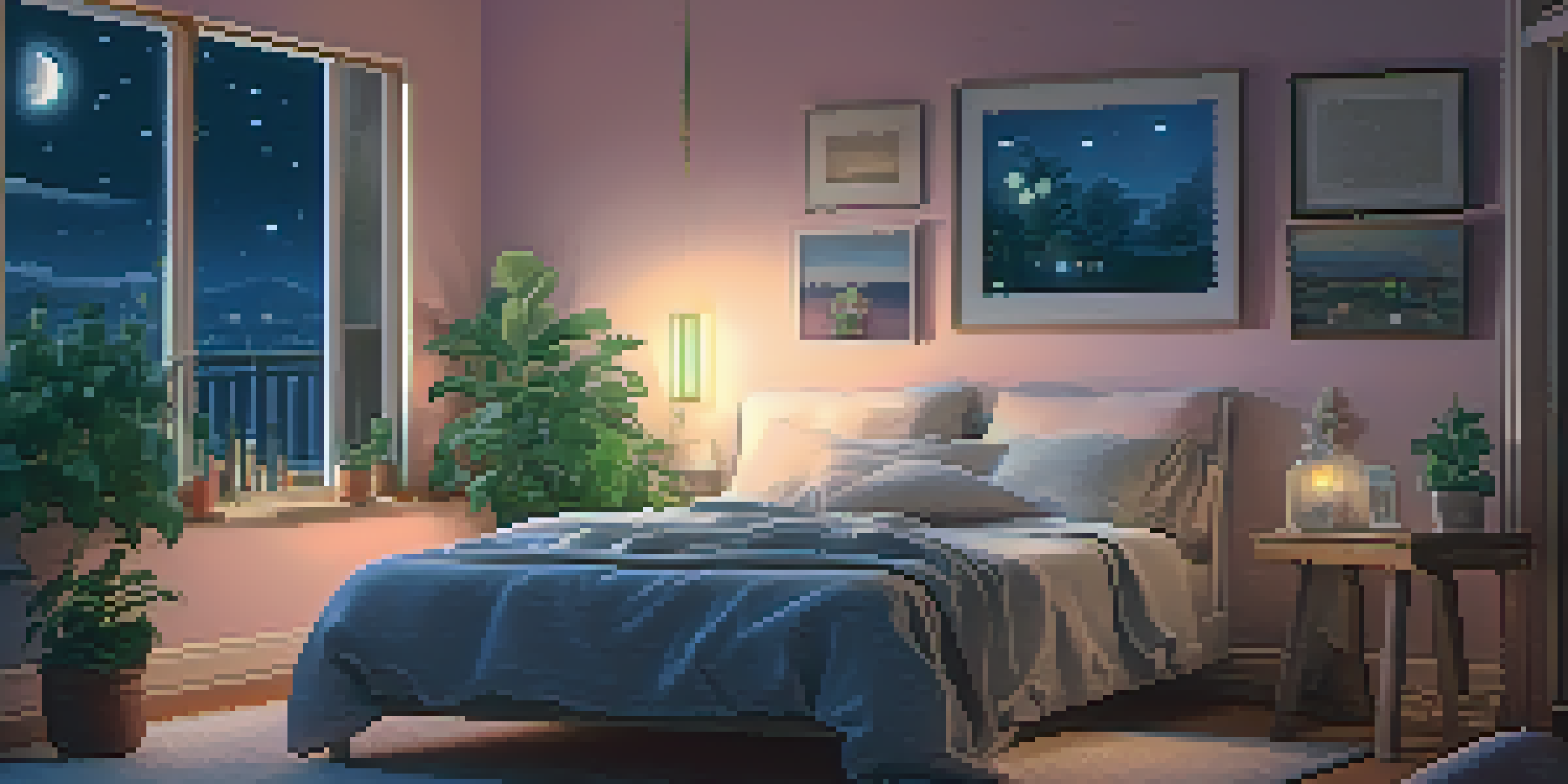 A peaceful bedroom at night with a person sleeping, soft lighting, and potted plants.