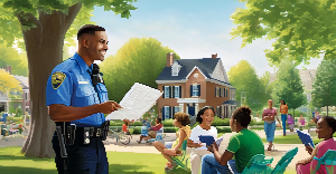 A police officer interacting positively with community members in a park setting, fostering trust and collaboration.