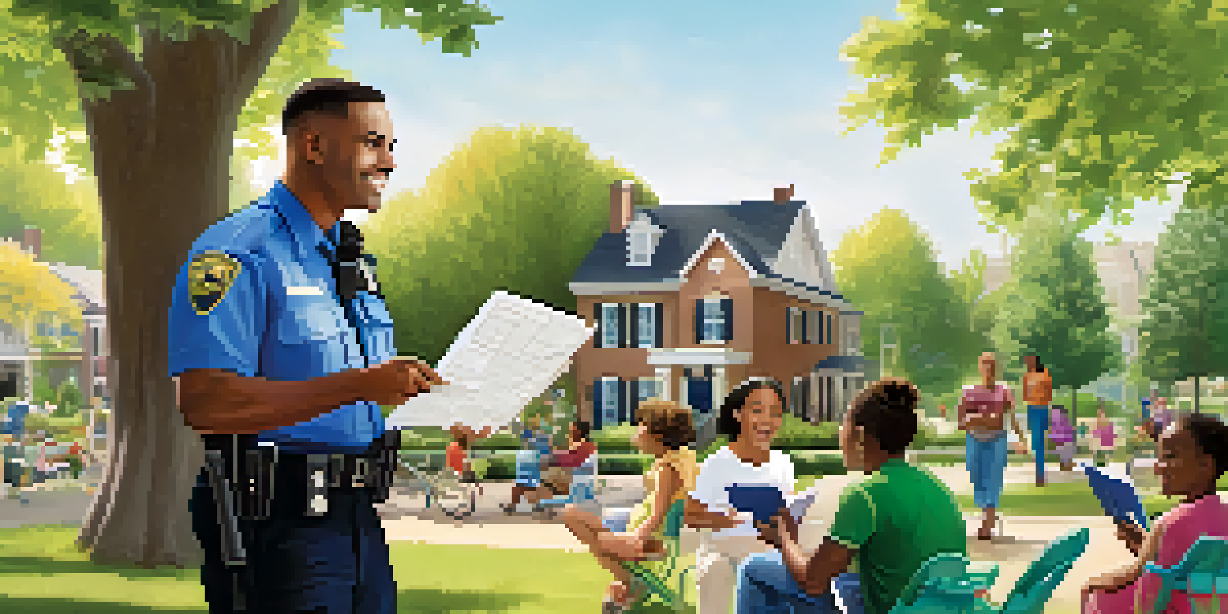 A police officer interacting positively with community members in a park setting, fostering trust and collaboration.
