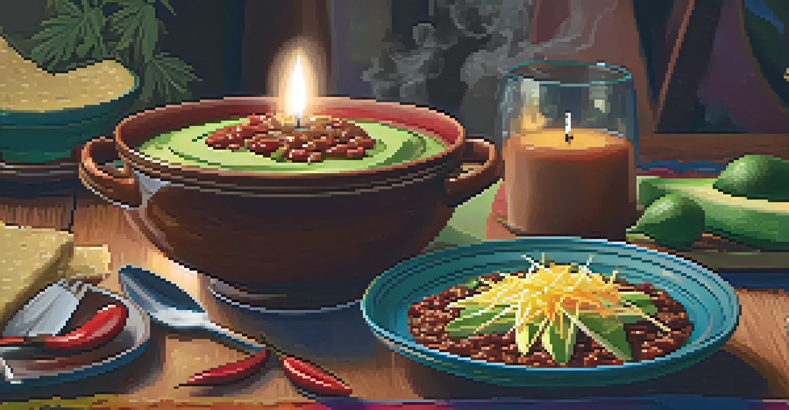 A bowl of cannabis-infused chili topped with cheese and avocado, set on a cozy dining table with candles and flowers.