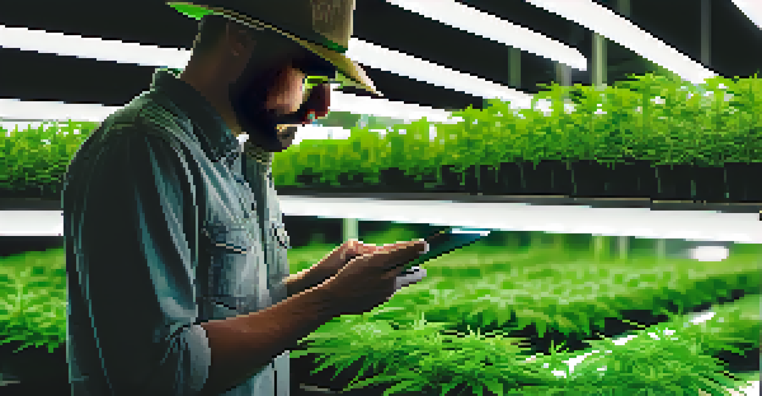 A farmer using a tablet to monitor cannabis plants in a vertical farming setup with LED grow lights.