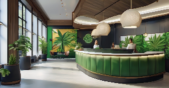 A bright and inviting hotel lobby designed for cannabis tourists, with green decor and guests enjoying the space.