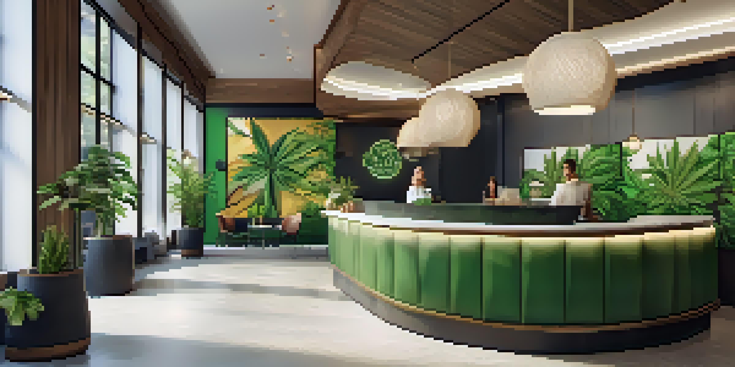 A bright and inviting hotel lobby designed for cannabis tourists, with green decor and guests enjoying the space.