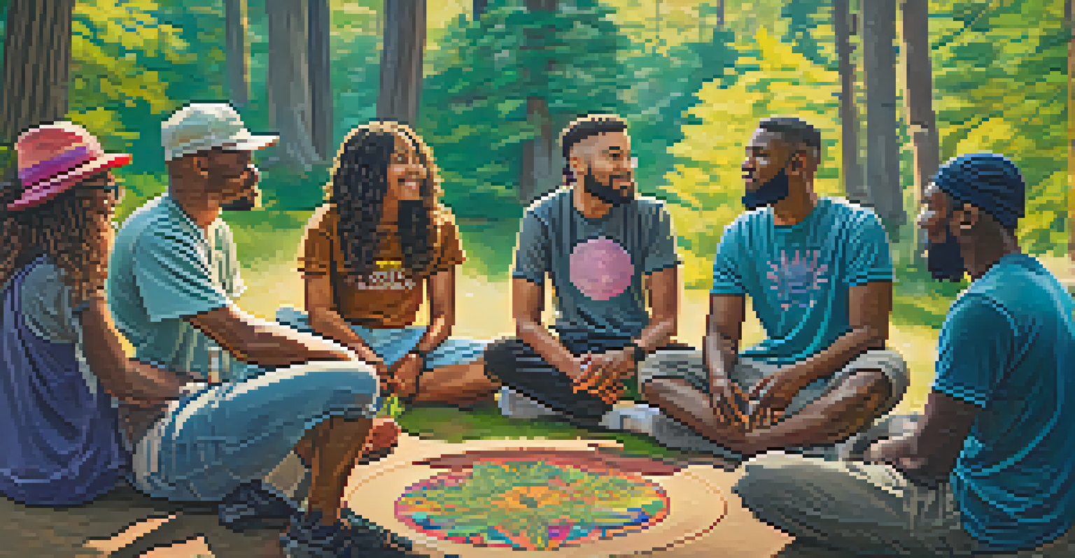 A group of diverse individuals discussing mental health and cannabis in an outdoor setting.
