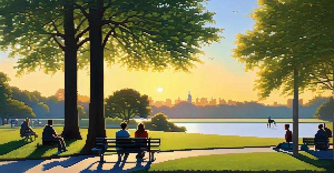 A peaceful park at sunset with people enjoying their time, reading books, and walking dogs amidst lush greenery.