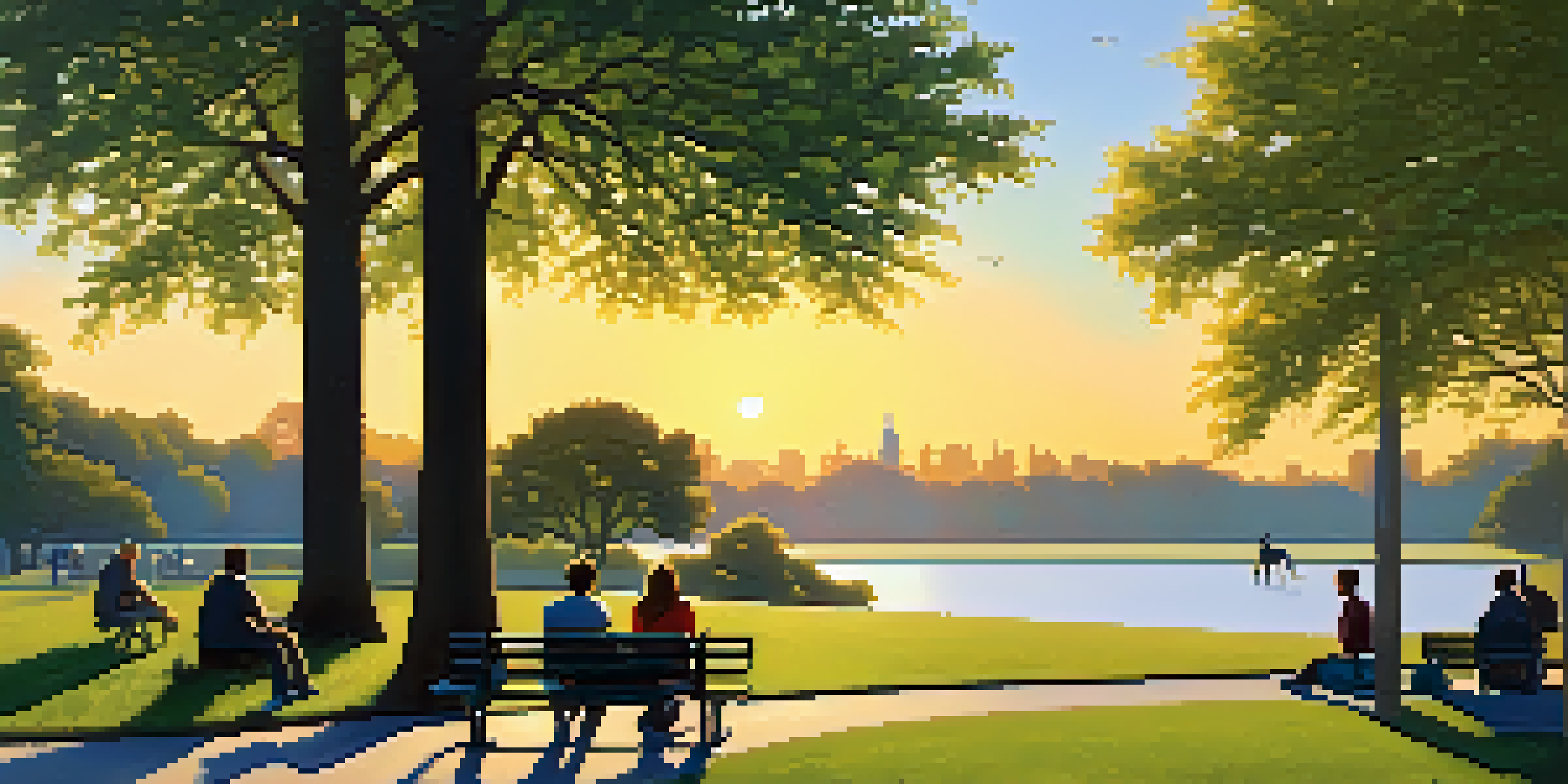 A peaceful park at sunset with people enjoying their time, reading books, and walking dogs amidst lush greenery.