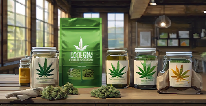 A variety of eco-friendly cannabis packaging on a wooden table, including biodegradable bags and glass jars, illuminated by natural light.