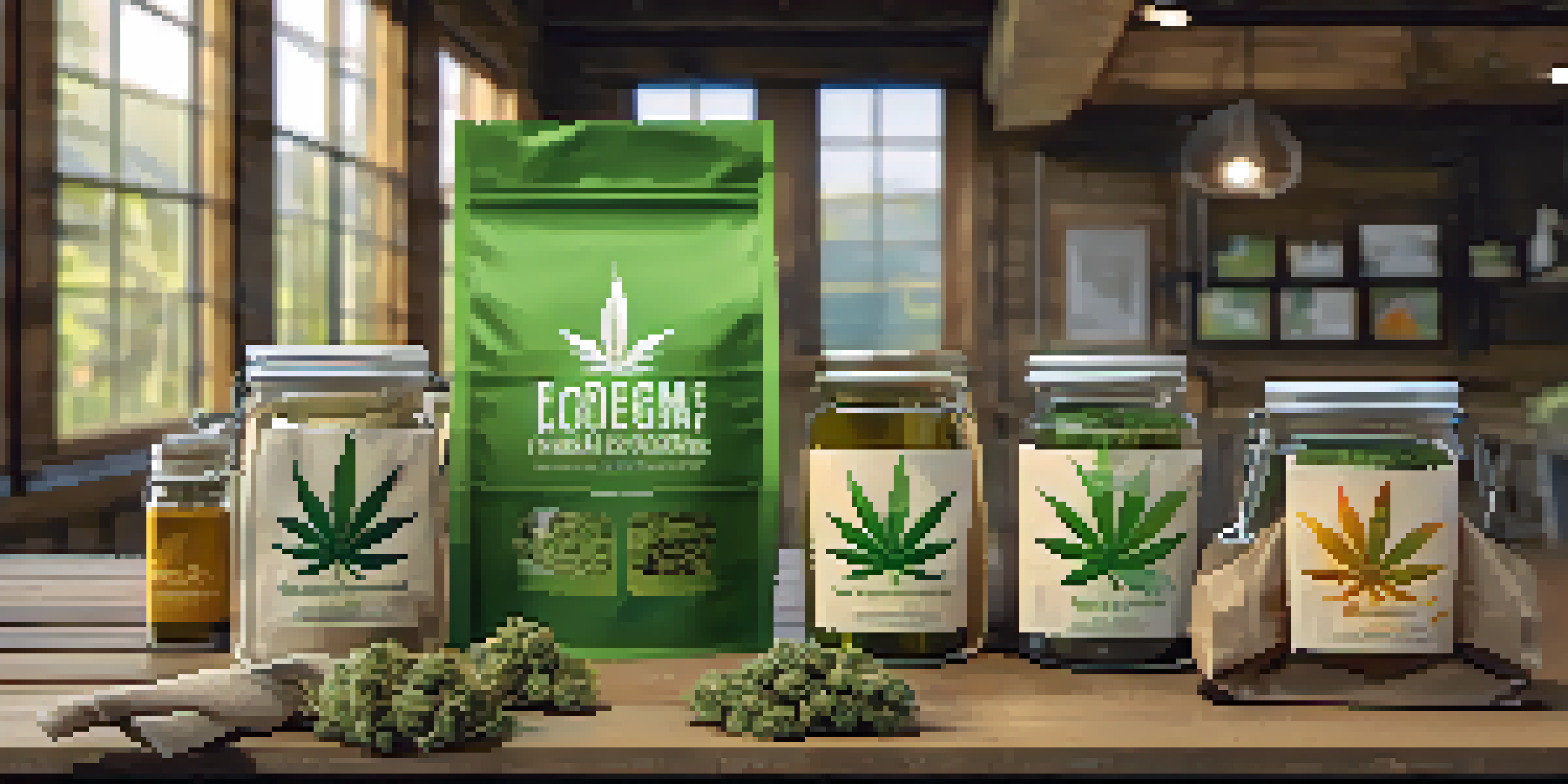 A variety of eco-friendly cannabis packaging on a wooden table, including biodegradable bags and glass jars, illuminated by natural light.