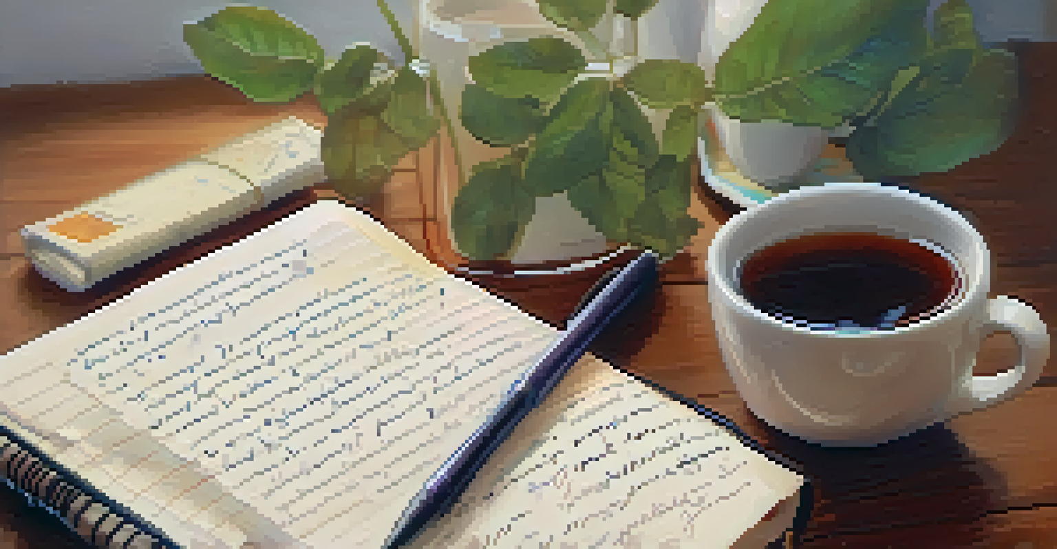 A close-up of an open journal with notes about menstrual pain relief and a cup of herbal tea in the background.