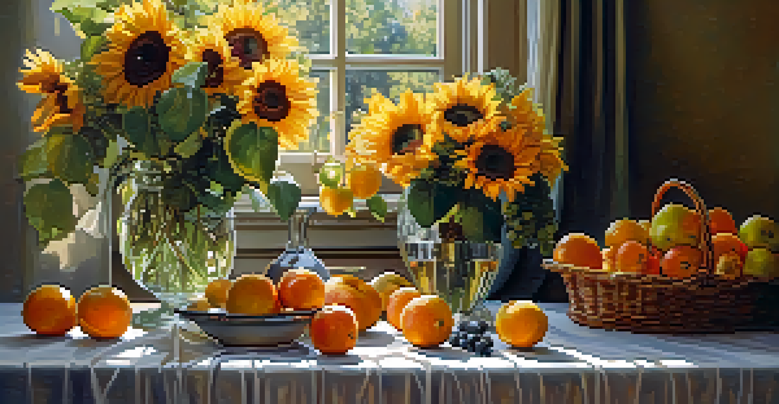 A still life of fresh fruits and sunflowers on a vintage table, beautifully illuminated by natural light, creating a vibrant and colorful scene.