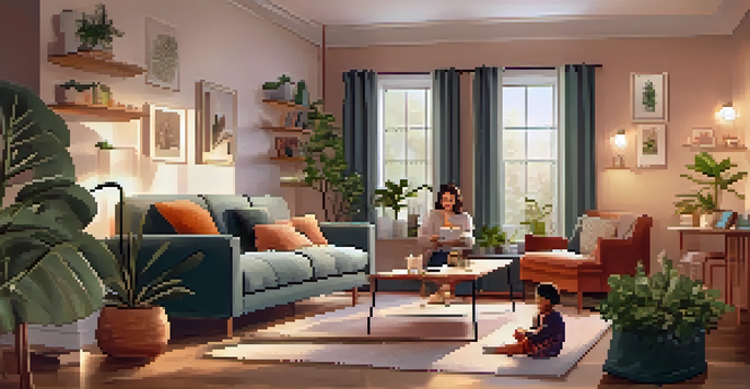 A parent and child having an engaging conversation in a cozy living room, surrounded by family decor.