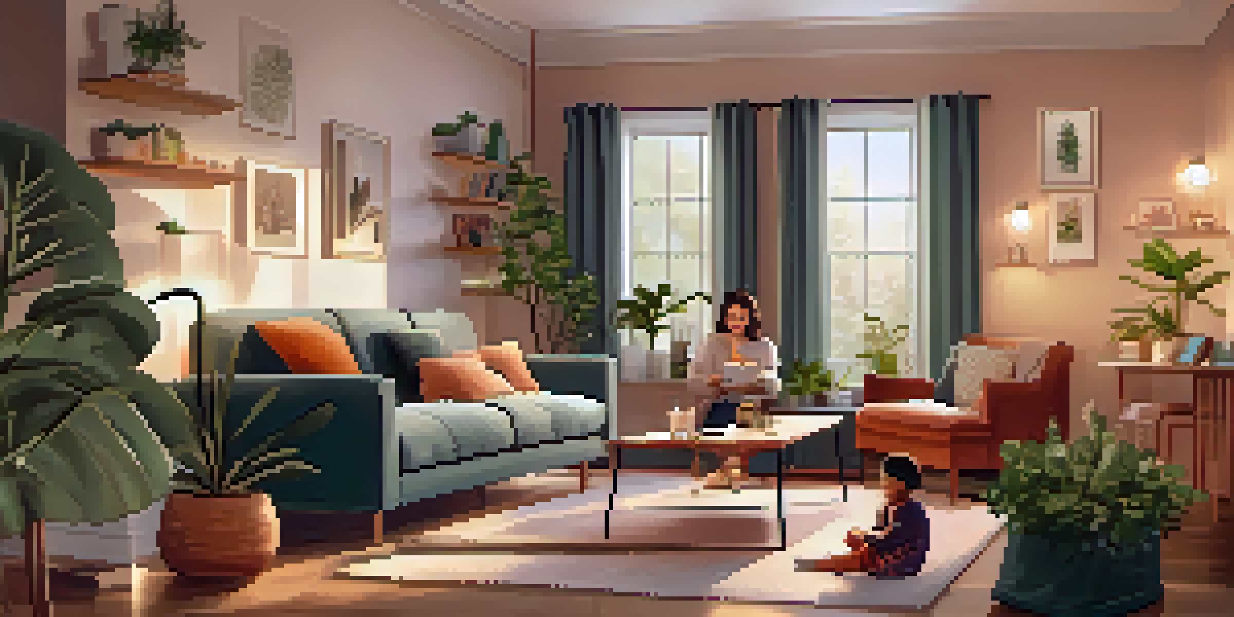 A parent and child having an engaging conversation in a cozy living room, surrounded by family decor.