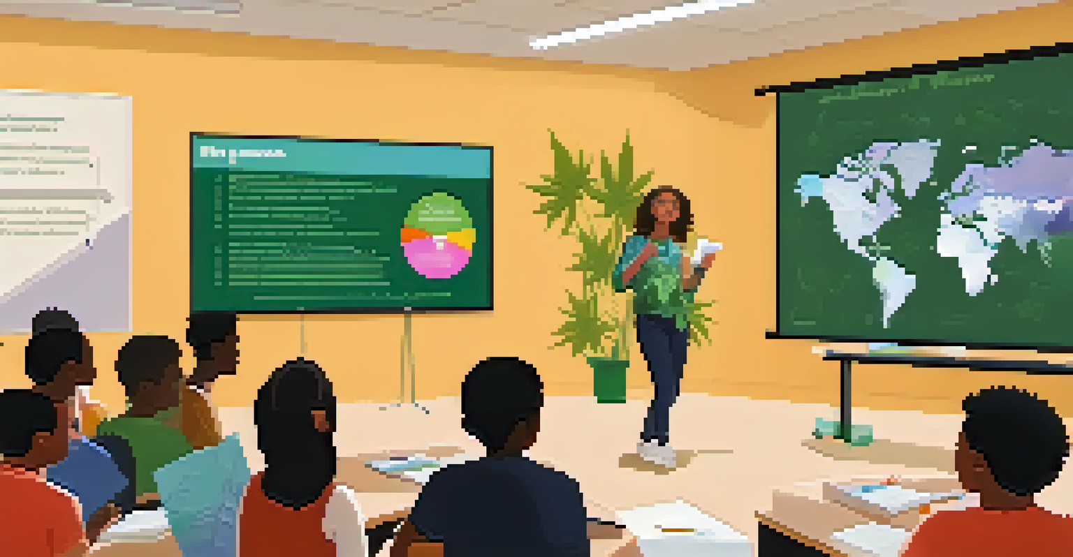 An educator presenting marijuana-related information in a classroom, with students listening attentively and a colorful infographic displayed on the screen.