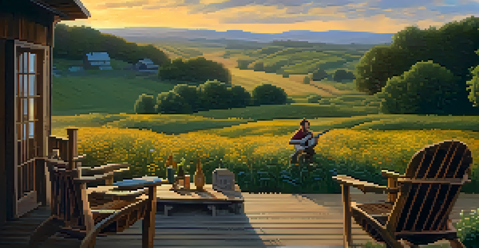 A country singer performing on a porch at sunset, surrounded by a beautiful rural landscape.