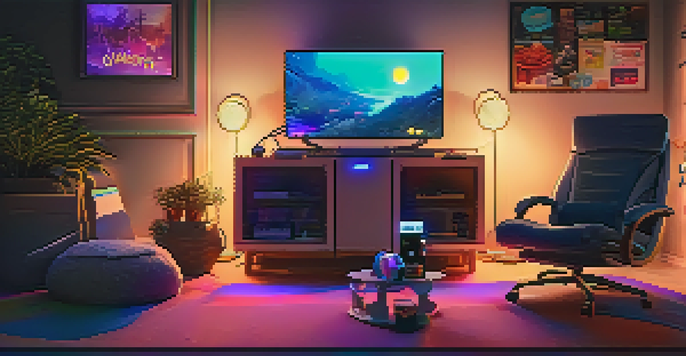 A comfortable gaming space with dim lighting, a VR headset, ambient lights, snacks, and drinks.