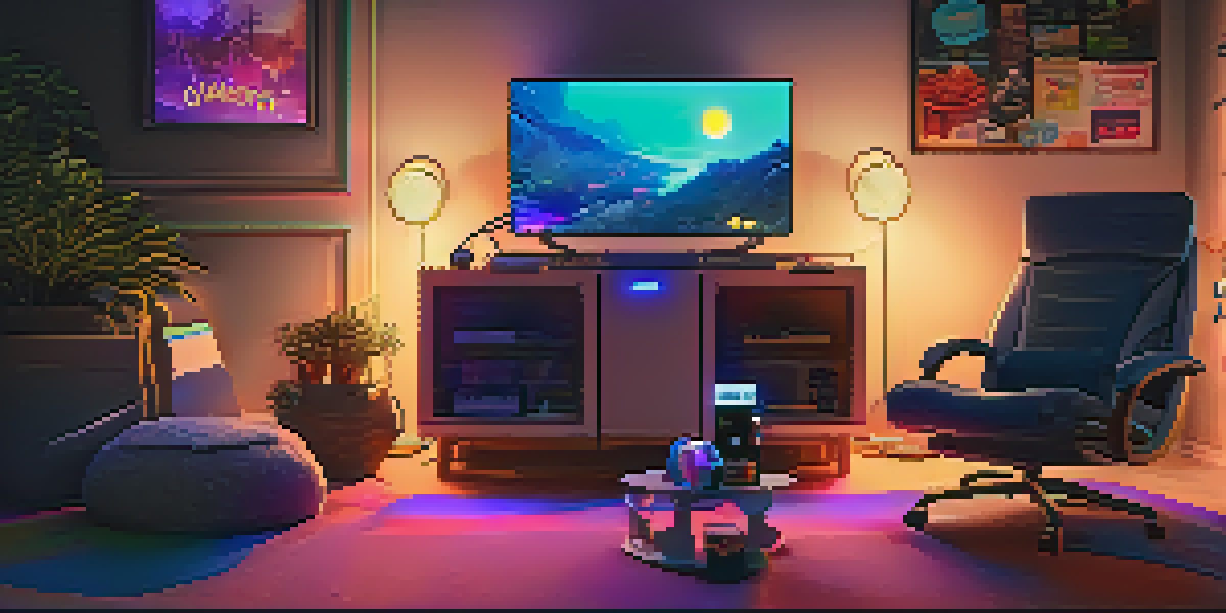 A comfortable gaming space with dim lighting, a VR headset, ambient lights, snacks, and drinks.