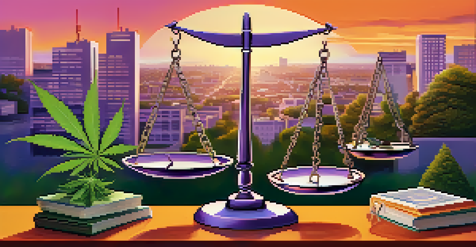 A balance scale with cannabis leaves and community symbols against a sunset background, symbolizing the balance of legalization benefits.