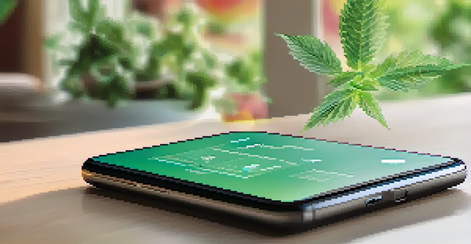 A smartphone showing a marijuana tracking app with colorful charts and graphs in a cozy room with a plant.