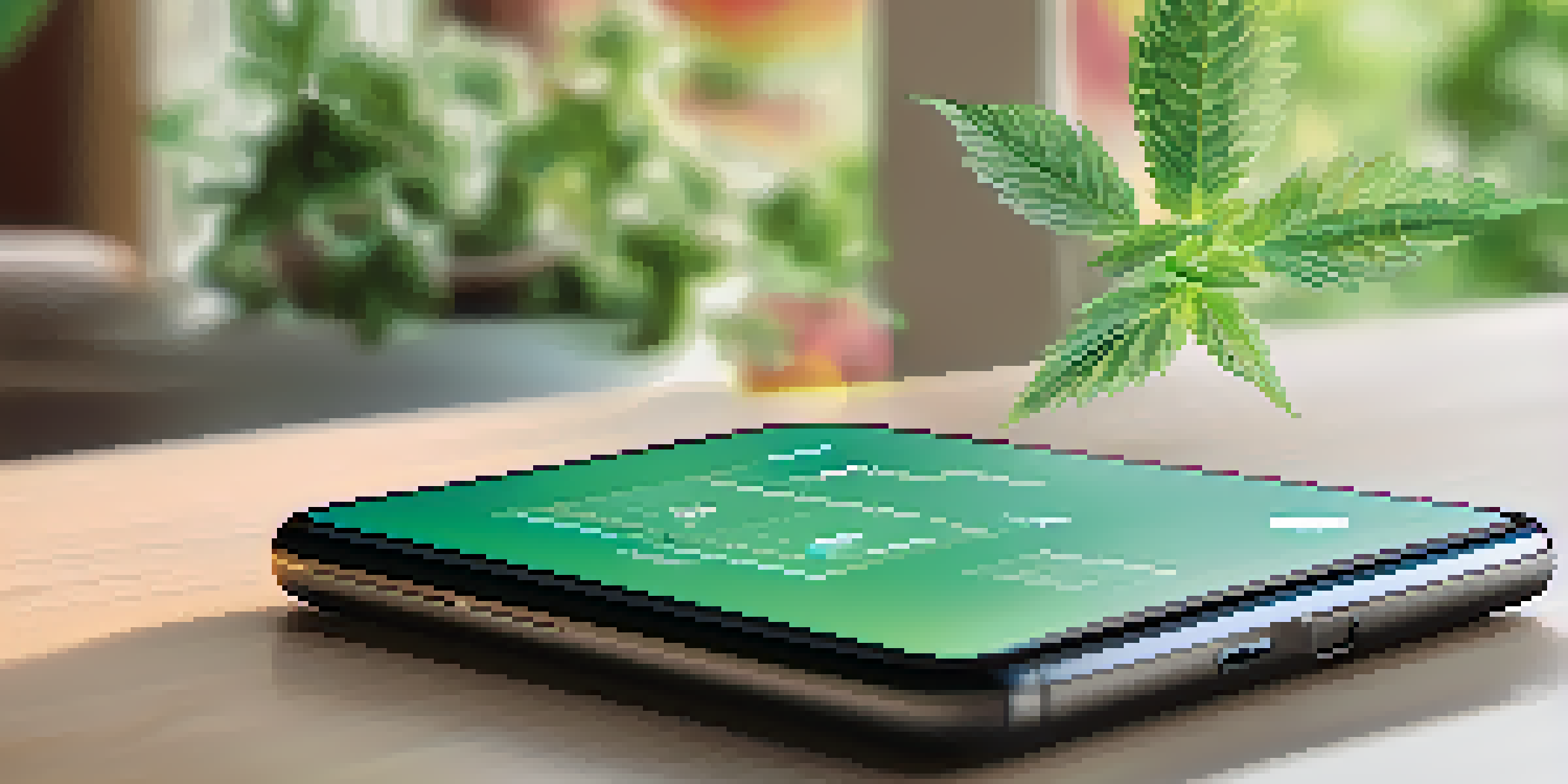 A smartphone showing a marijuana tracking app with colorful charts and graphs in a cozy room with a plant.