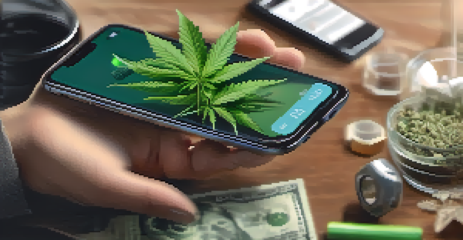 A hand holding a smartphone with a budgeting app, surrounded by cannabis leaves and accessories, emphasizing financial tracking.