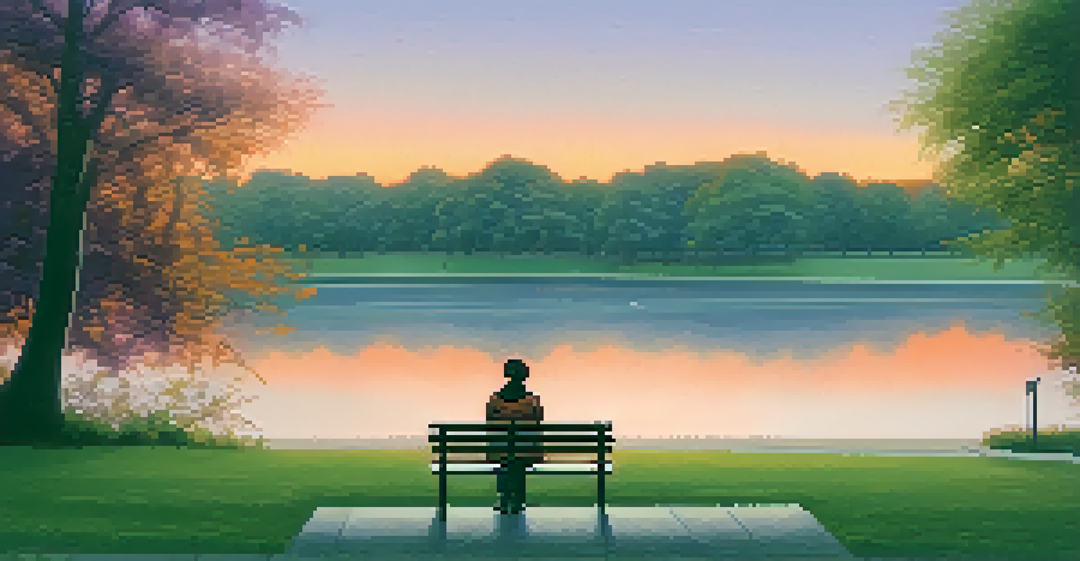 A person sitting on a park bench at sunset, looking at the horizon, surrounded by trees and a colorful sky.
