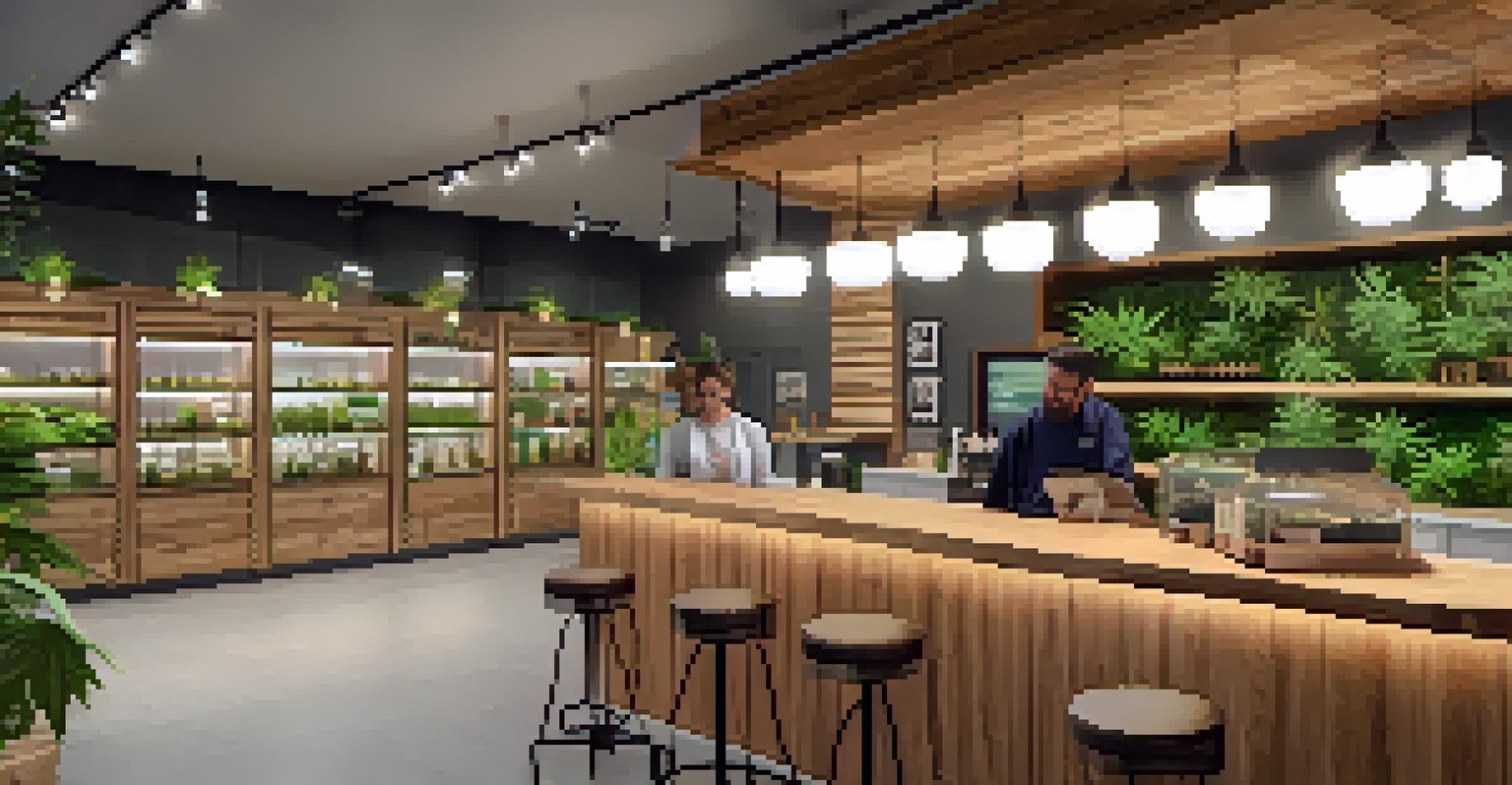 A modern cannabis dispensary interior showcasing a diverse staff member assisting a customer, with plants and educational resources displayed.