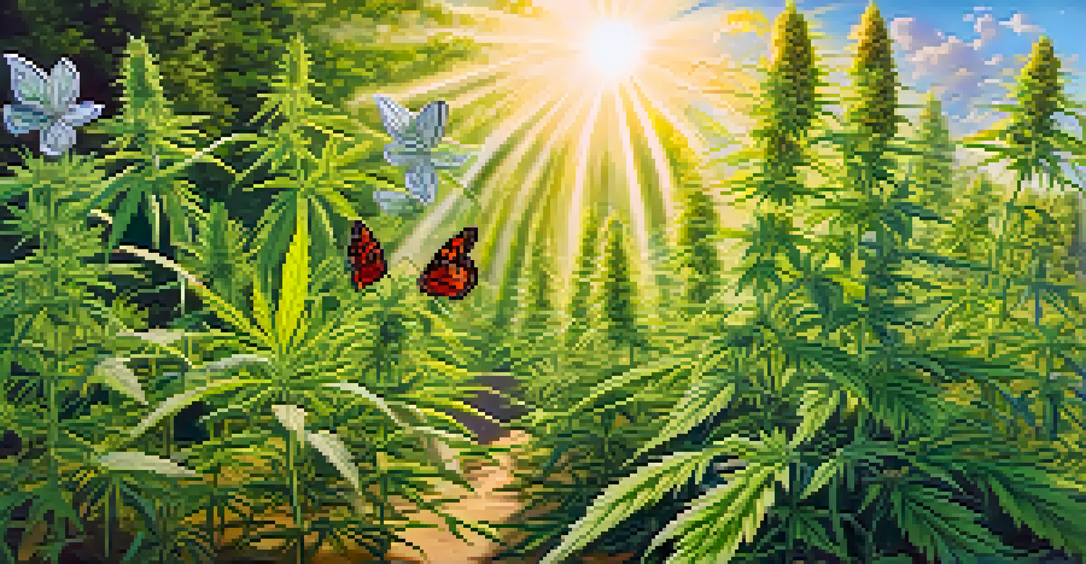 A vibrant cannabis garden with various strains of plants growing under the sun, surrounded by butterflies for a peaceful atmosphere.