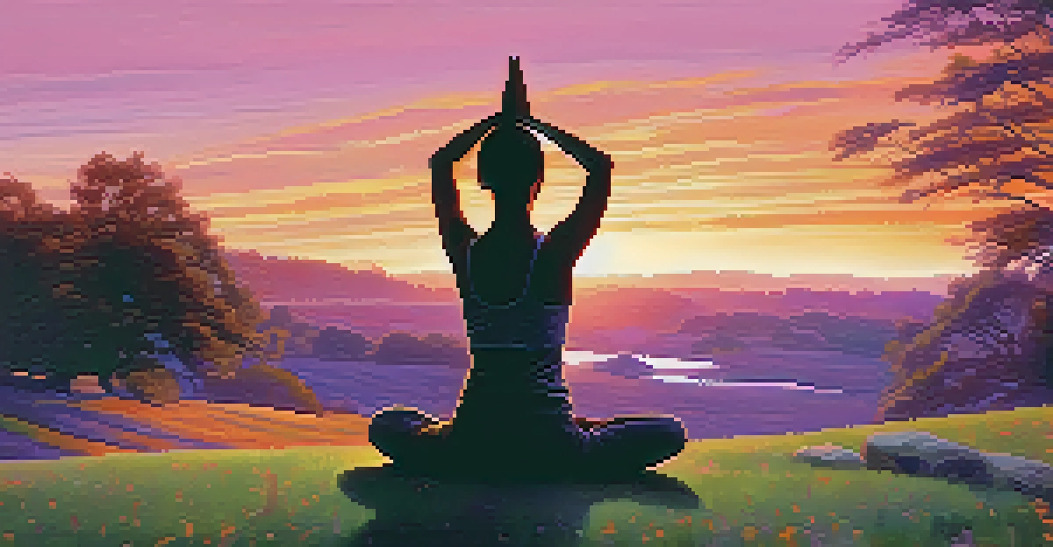 A person practicing yoga on a hill during sunset with a stream and trees in the background.