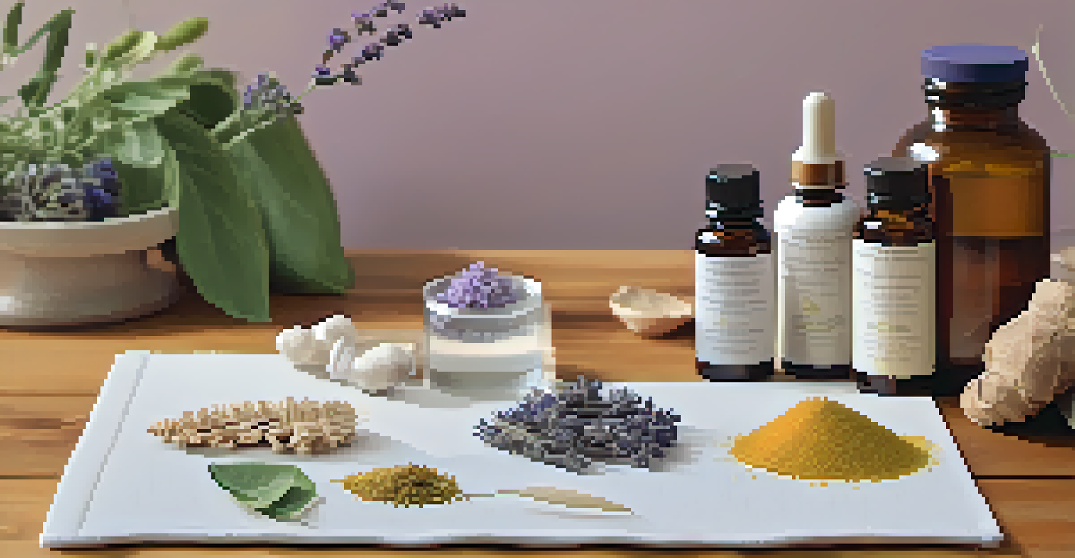 A table displaying natural remedies for pregnancy symptoms, including ginger tea and yoga mats, in a warm, inviting light.