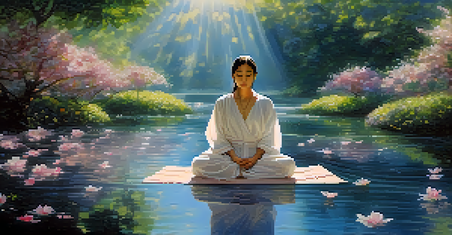 A person meditating in a beautiful garden filled with flowers and flowing water, with sunlight illuminating them.