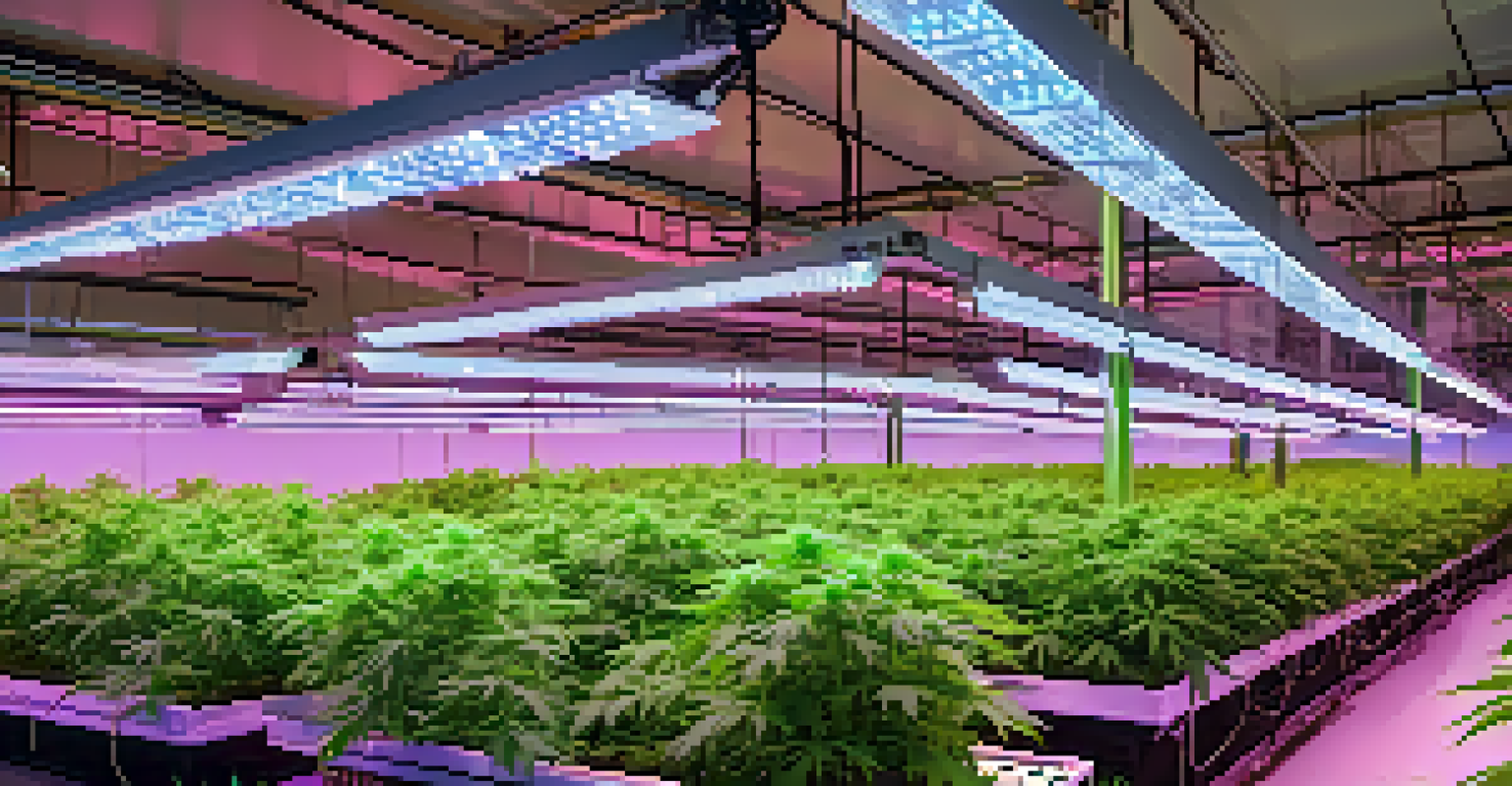 An indoor cannabis grow room with LED lights and thriving plants.