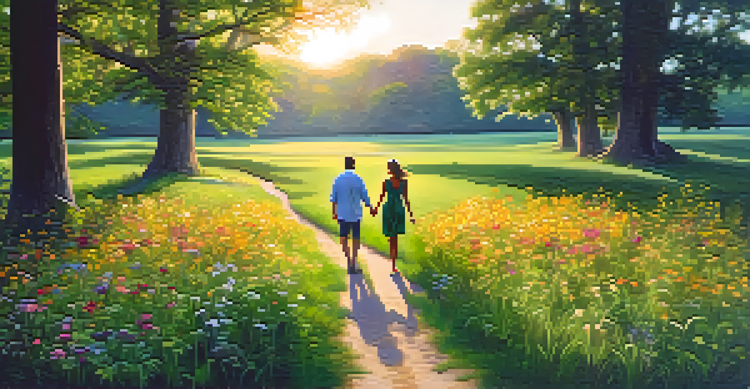 A couple walking together in a beautiful park filled with flowers during sunset.