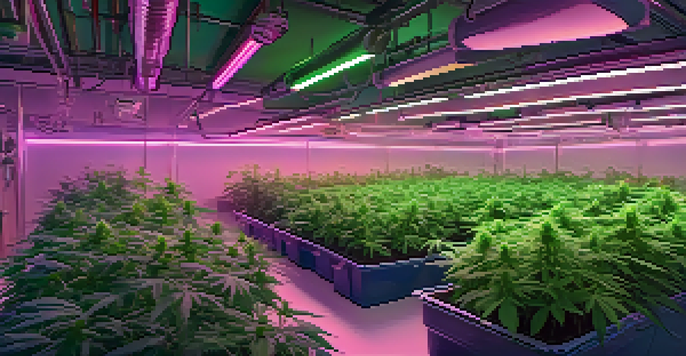 An indoor cannabis grow room with healthy green plants under LED lights, showing pots and grow equipment.
