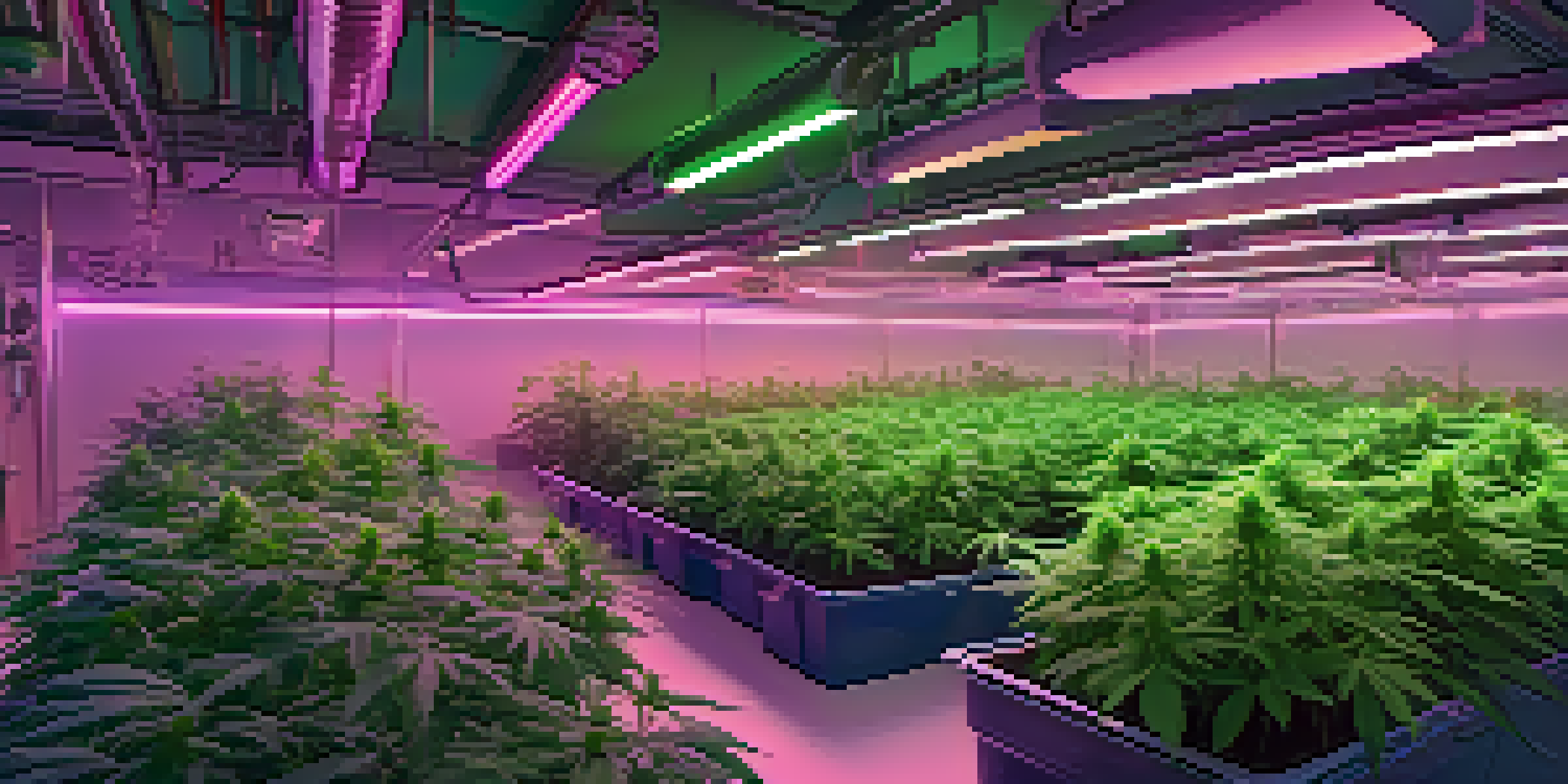 An indoor cannabis grow room with healthy green plants under LED lights, showing pots and grow equipment.